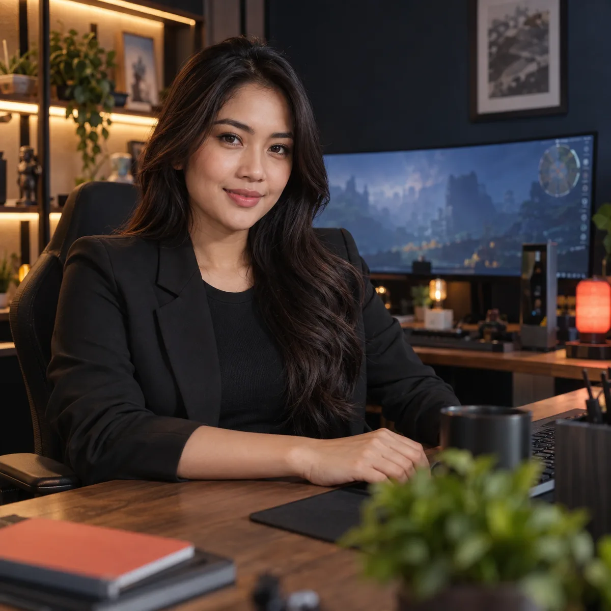 Profesional gaming digital dewasa bekerja di studio modern dengan monitor dan pencahayaan hangat