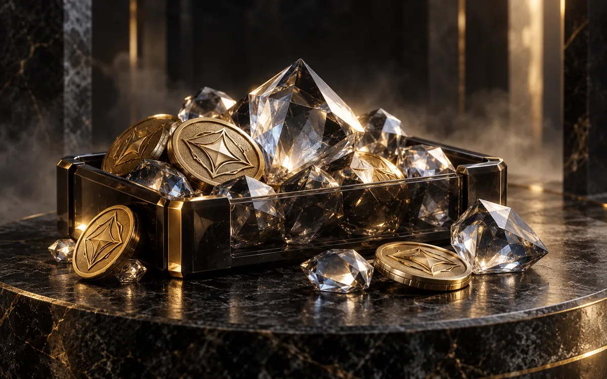 Koin dan kristal virtual bergaya premium