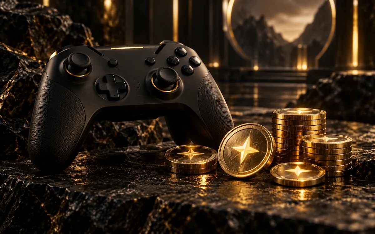 Kontroler gaming hitam dengan kredit game beraksen emas